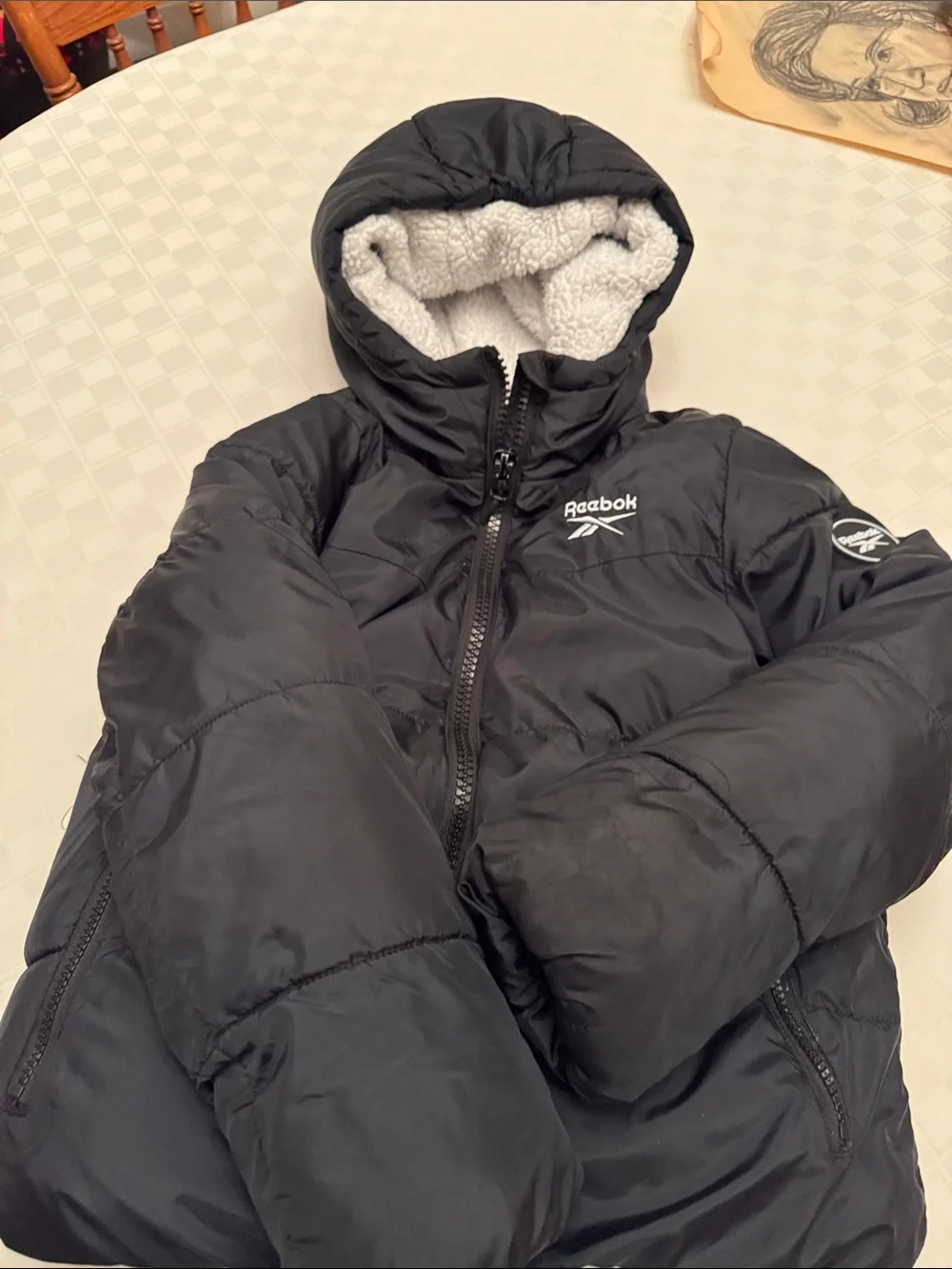 Reebok Kids Black Puffer Jacket with White Sherpa Hood Lining